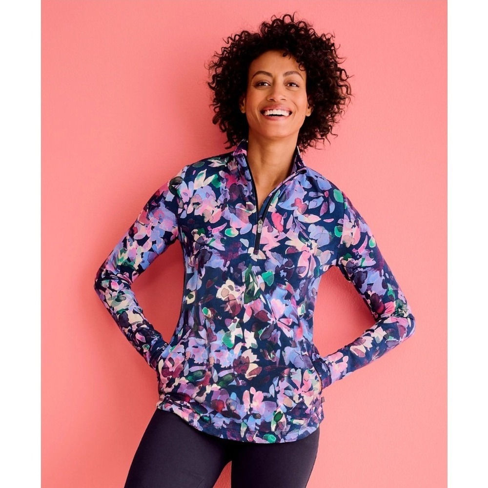 Talbots French Terry Half Zip Pullover Womens MP Purple Watercolor Blooms Artsy